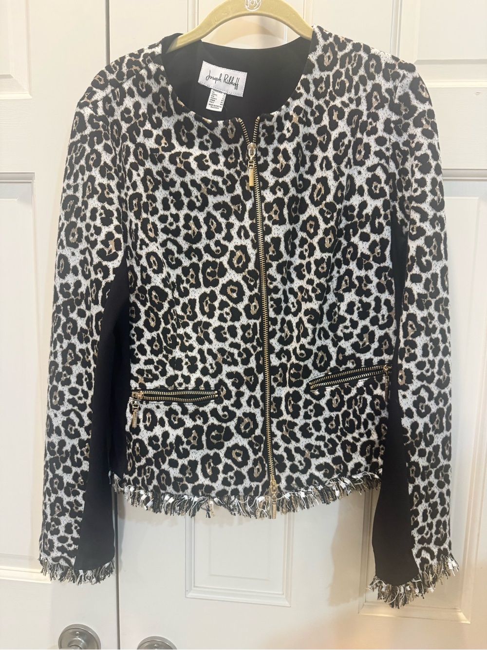 Joseph Ribkoff Leopard-Print Fringe Zip Jacket in Black, Cream & Gold